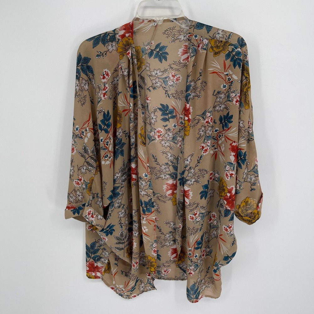 Women's Tan Chiffon Floral Open Front Draped Bohemian Kimono Cardigan Size‎ M